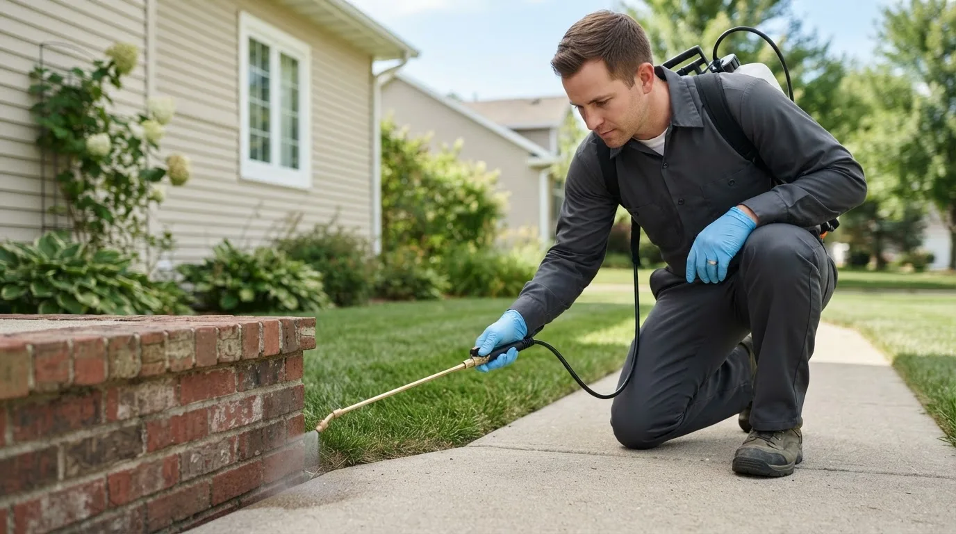Pest control technician treating a home near Volborg, MT